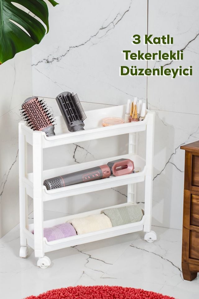 Porsima RAFTY-65-1 Tekerlekli 3 Katlı Düzenleyici Hareketli Raf - Beyaz