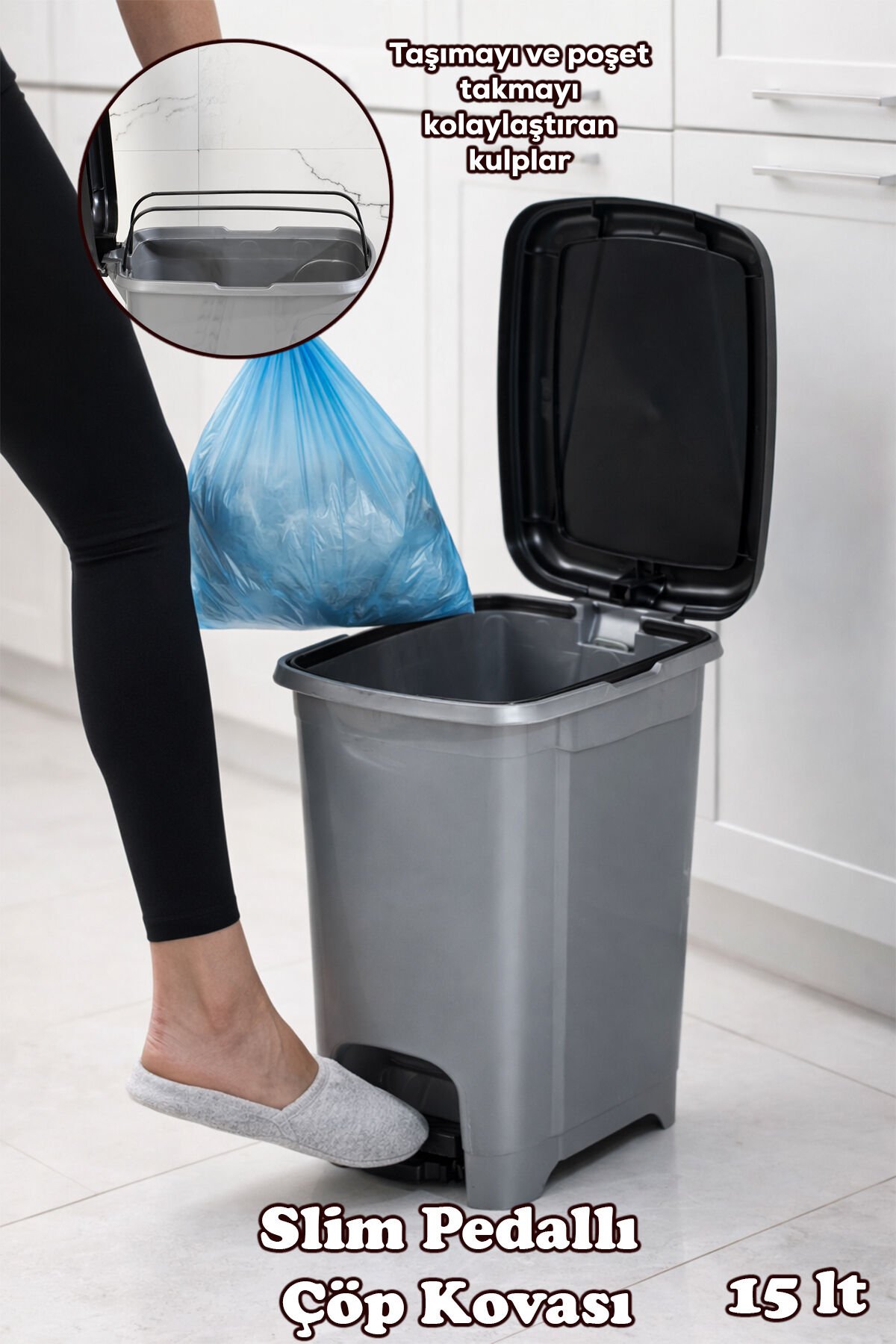 Porsima 0123 Pedallı Metalize Banyo Mutfak Çöp Kovası Siyah Kapaklı Slim Pedallı Çöp Kovası 15 Litre