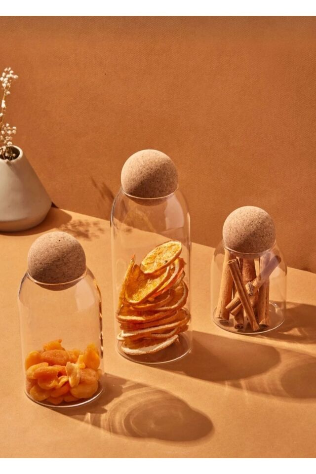 Perotti Lanford 3'lü Top Mantar Kapaklı Borosilikat Cam Kavanoz Ve Baharatlık Seti