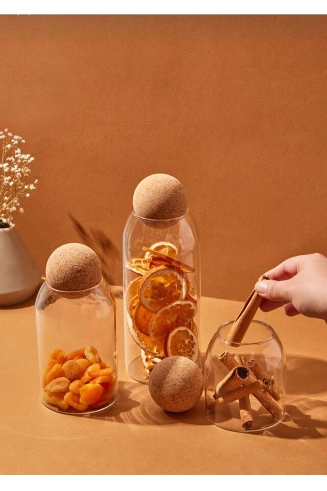 Perotti Lanford 3'lü Top Mantar Kapaklı Borosilikat Cam Kavanoz Ve Baharatlık Seti