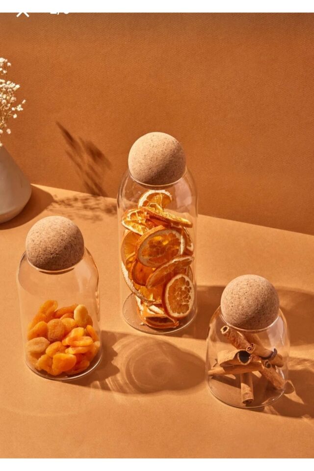 Perotti Lanford 3'lü Top Mantar Kapaklı Borosilikat Cam Kavanoz Ve Baharatlık Seti