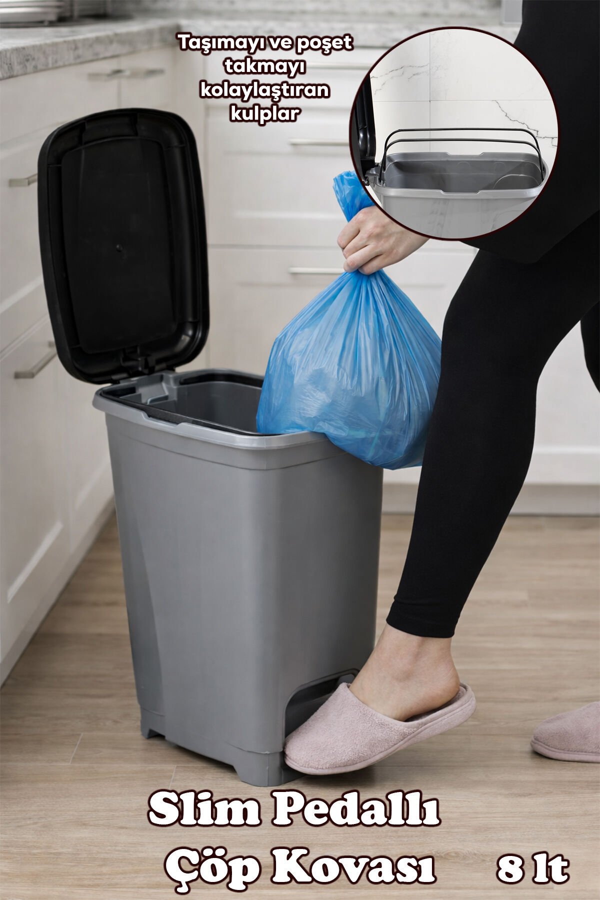 Porsima 086 Pedallı Metalize Banyo Mutfak Çöp Kovası Siyah Kapaklı Slim Pedallı Çöp Kovası 8 Litre