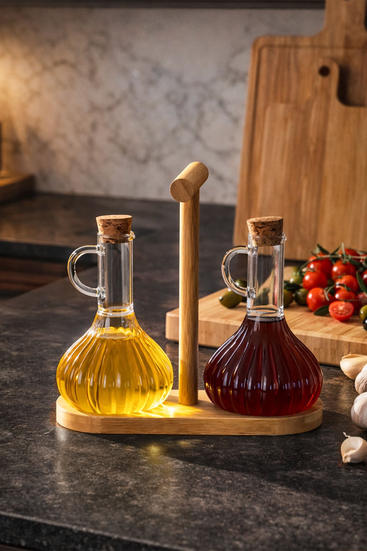 Porsima 415 2li standlı Mantar Kapaklı Borosilikat Cam Yağlık Sirkelik Yağdanlık 250+250 ml