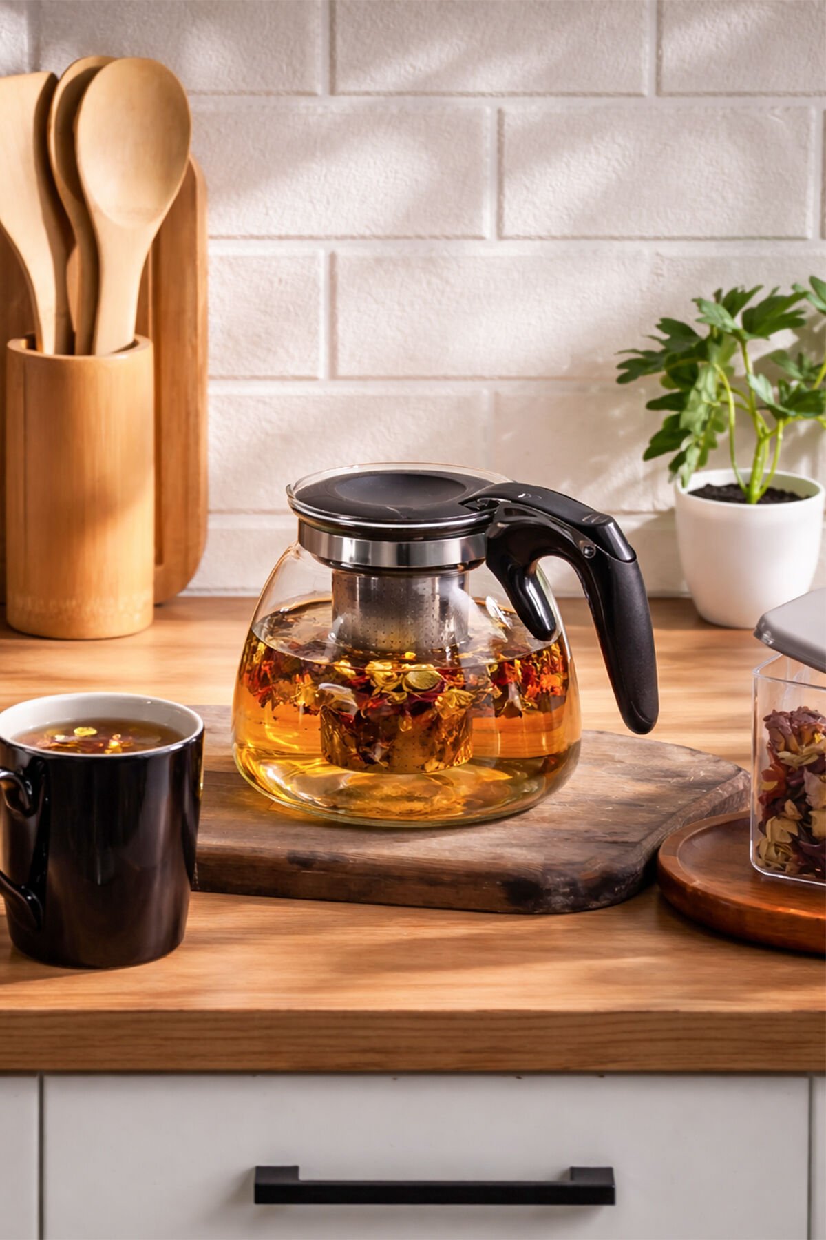 Porsima 5416 Isıya Dayanıklı 1100 Ml Süzgeçli Cam Demlik Çay-Bitki Çayı Demliği