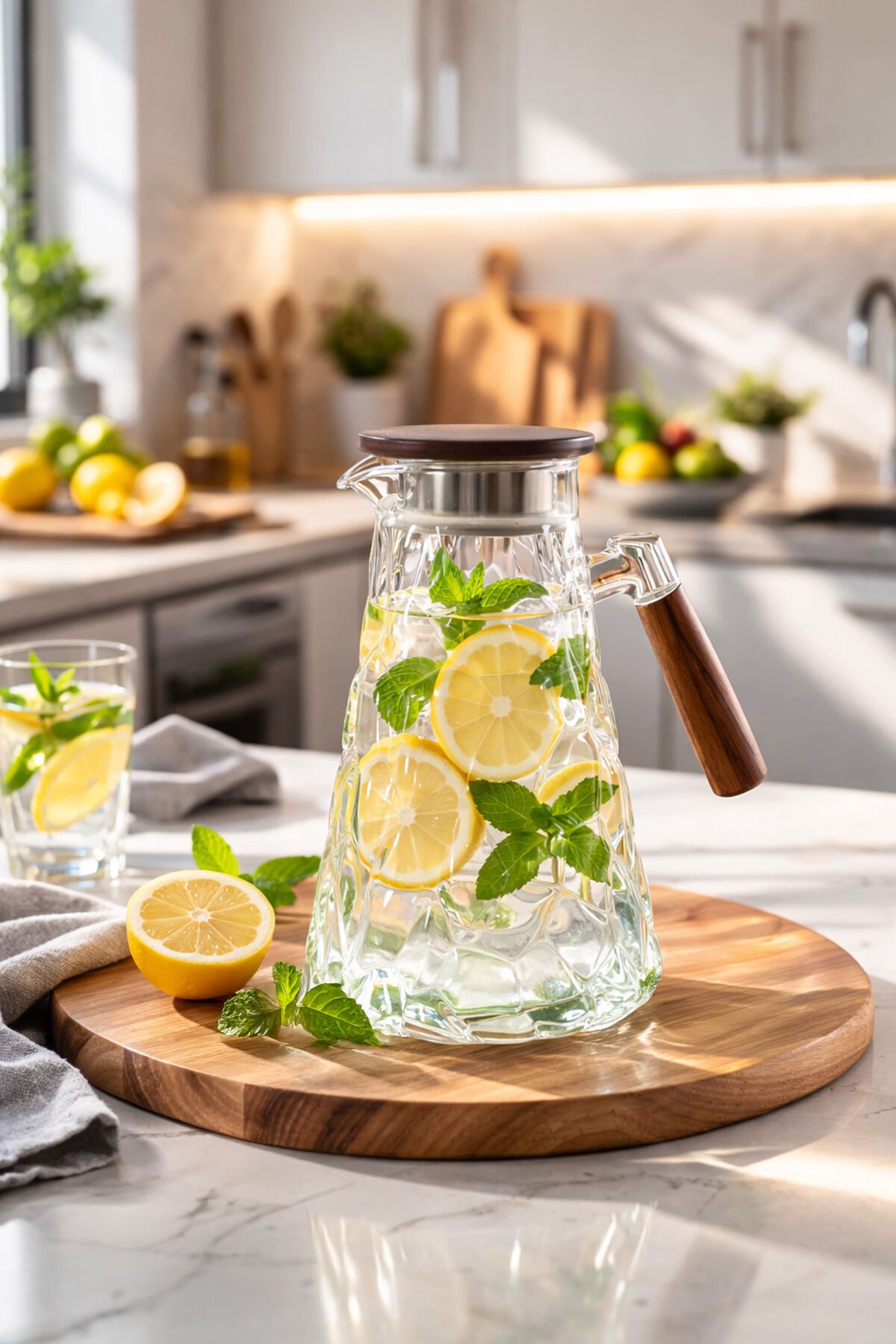 Porsima 6504 Violet Sızdırmaz Kapaklı ve Kulplu Cam Başucu Sürahisi 1800 ml