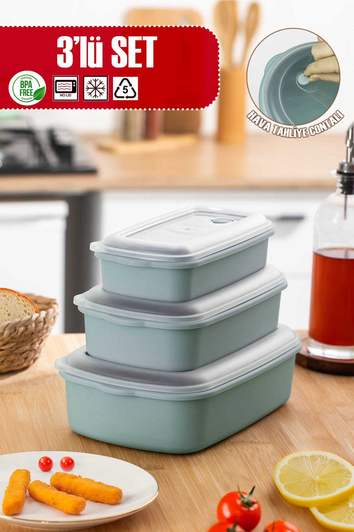Porsima 5314 Kilitli Sızdırmaz Kapaklı Hava Tahliye Contalı Çok Amaçlı 3lü Erzak Yiyecek Saklama Kabı Seti