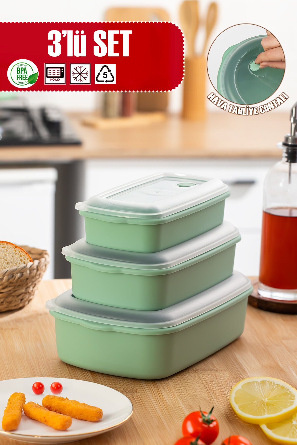 Porsima 5315 Kilitli Sızdırmaz Kapaklı Hava Tahliye Contalı Çok Amaçlı 3lü Erzak Yiyecek Saklama Kabı Seti