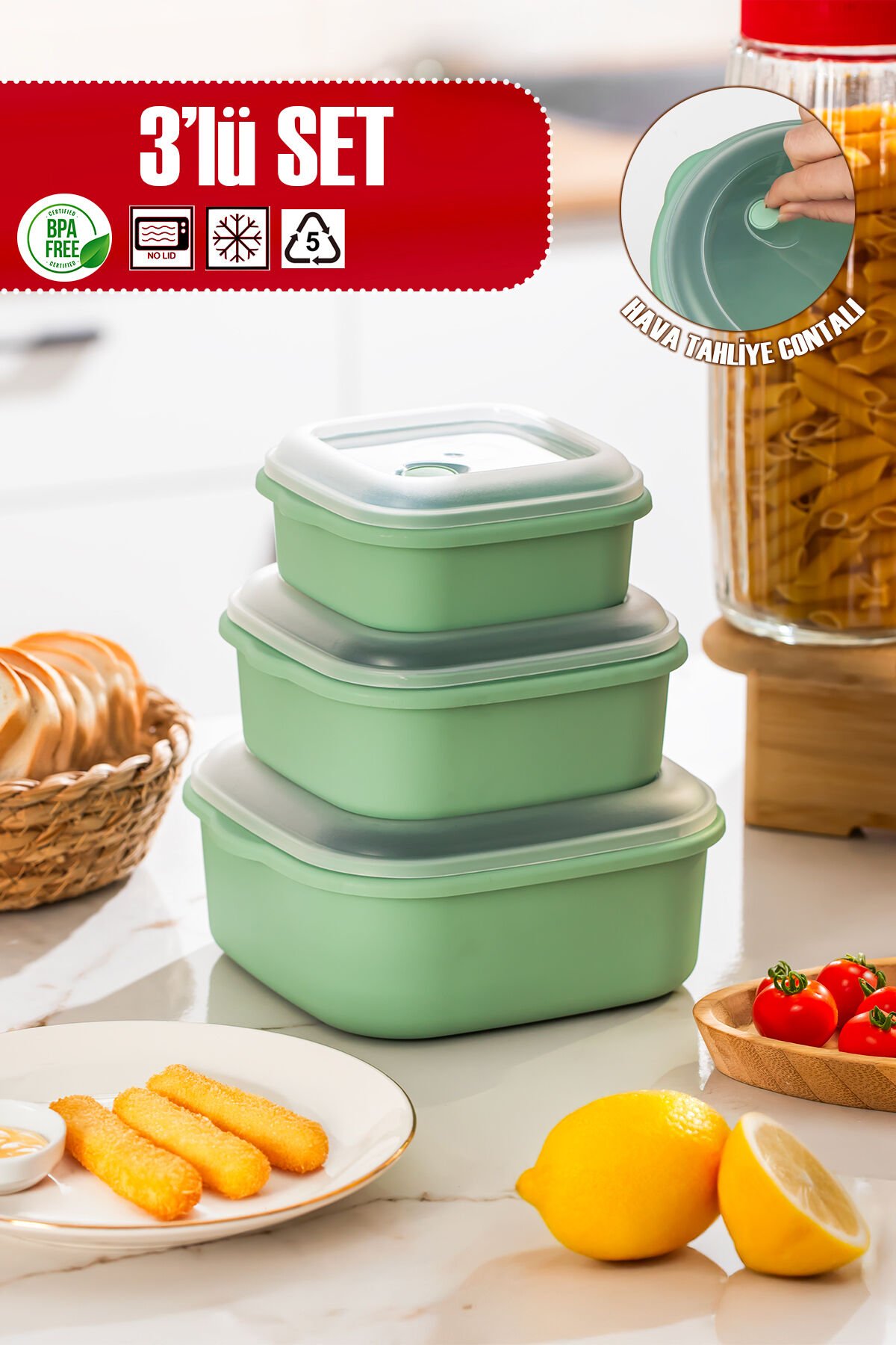 Porsima 5316 Kilitli Sızdırmaz Kapaklı Hava Tahliye Contalı Çok Amaçlı 3lü Erzak Yiyecek Saklama Kabı Seti
