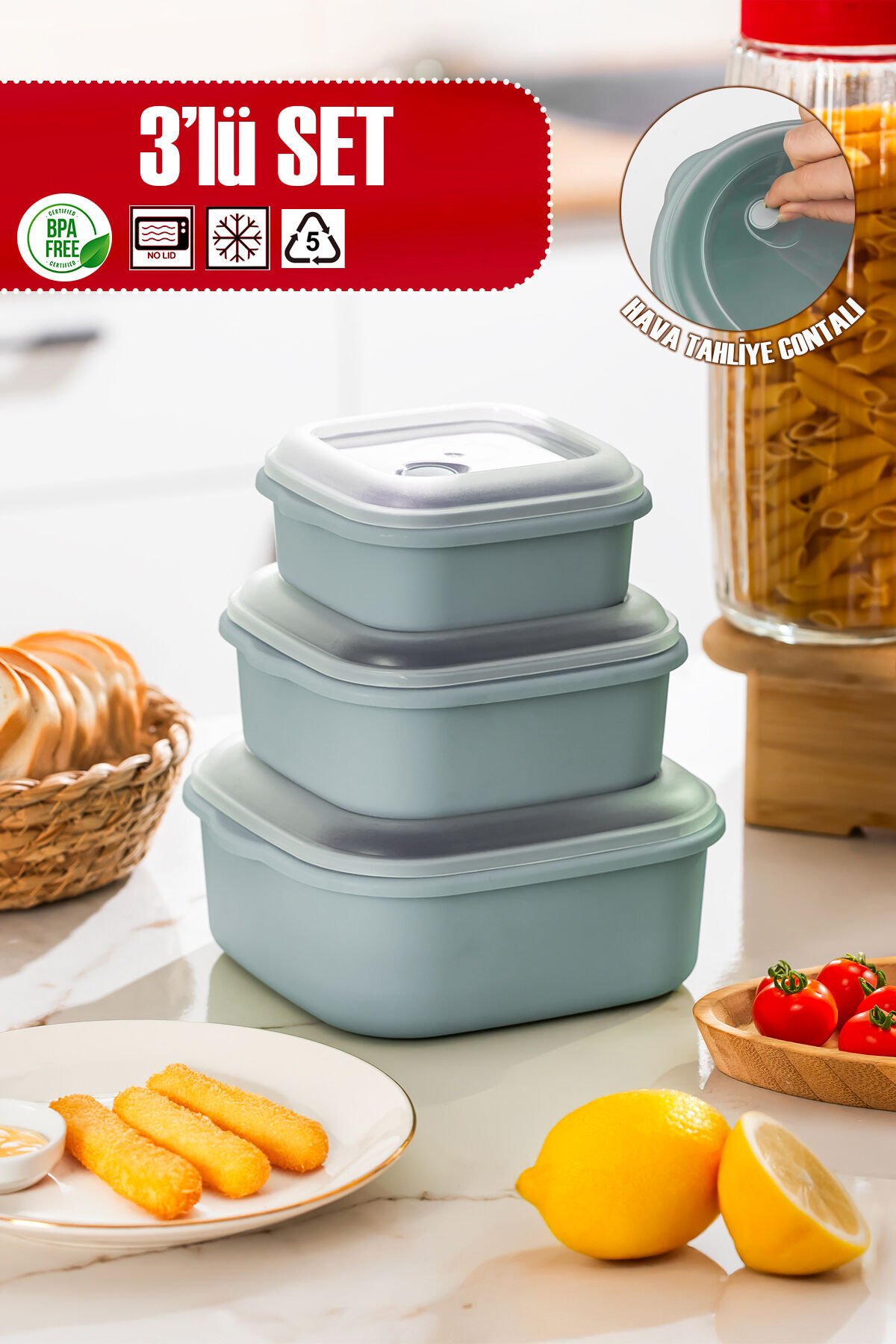 Porsima 5317 Kilitli Sızdırmaz Kapaklı Hava Tahliye Contalı Çok Amaçlı 3lü Erzak Yiyecek Saklama Kabı Seti