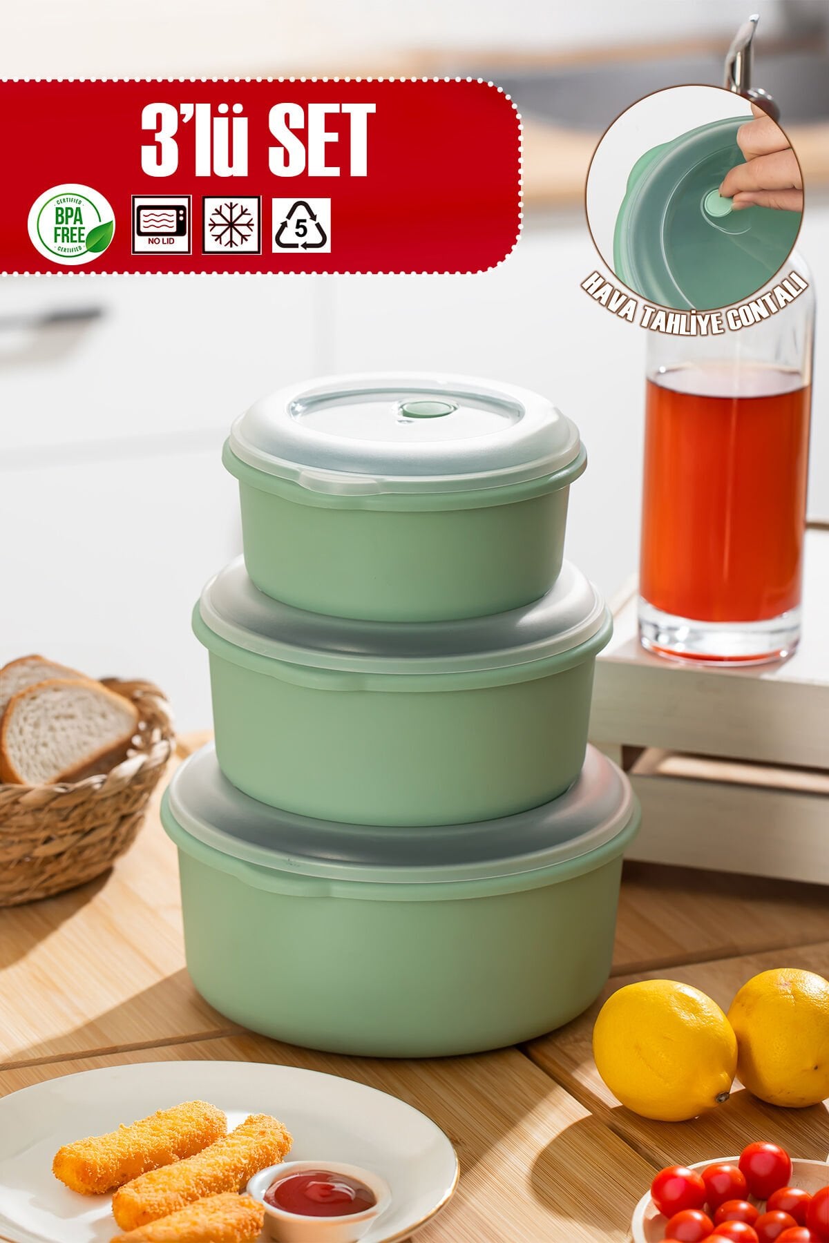 Porsima 5318 Kilitli Sızdırmaz Kapaklı Hava Tahliye Contalı Çok Amaçlı 3lü Erzak Yiyecek Saklama Kabı Seti