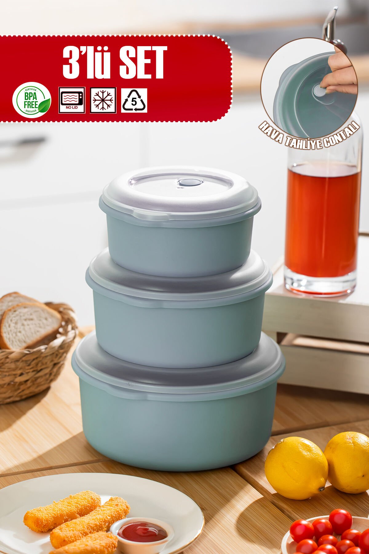Porsima 5319 Kilitli Sızdırmaz Kapaklı Hava Tahliye Contalı Çok Amaçlı 3lü Erzak Yiyecek Saklama Kabı Seti
