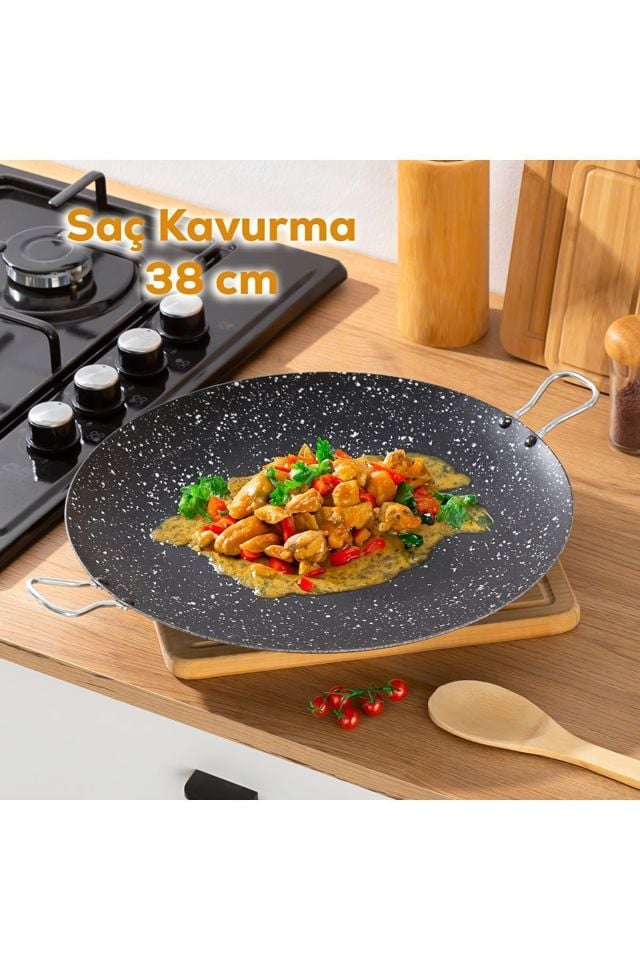 Esra Çok Amaçlı Granit Pişirme Tavası -Çift Yönlü Döküm Sac Kavurma Gözleme Tavası- 38 cm Siyah