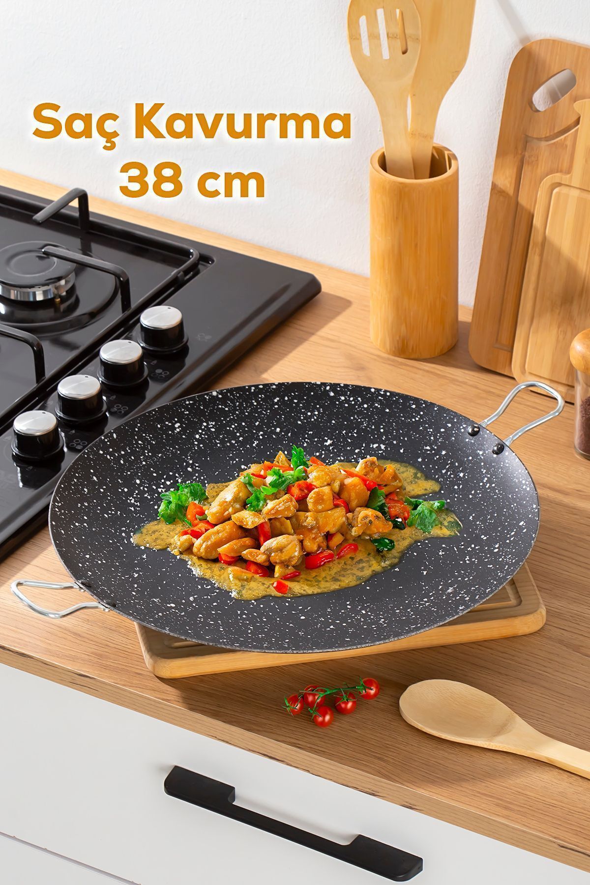Esra Çok Amaçlı Granit Pişirme Tavası -Çift Yönlü Döküm Sac Kavurma Gözleme Tavası- 38 cm Siyah