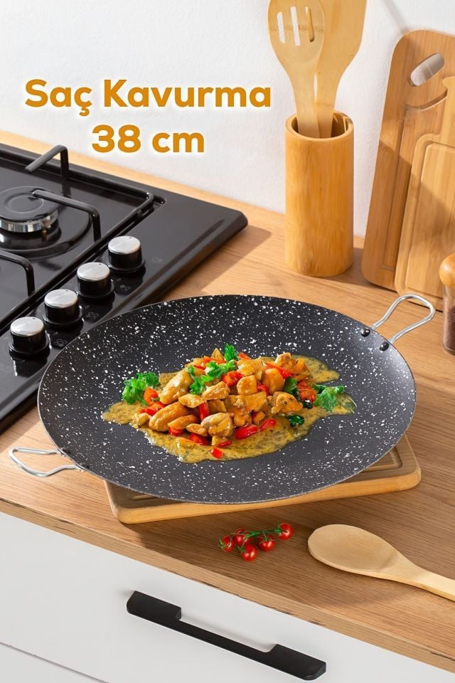 Esra Çok Amaçlı Granit Pişirme Tavası -Çift Yönlü Döküm Sac Kavurma Gözleme Tavası- 38 cm Siyah