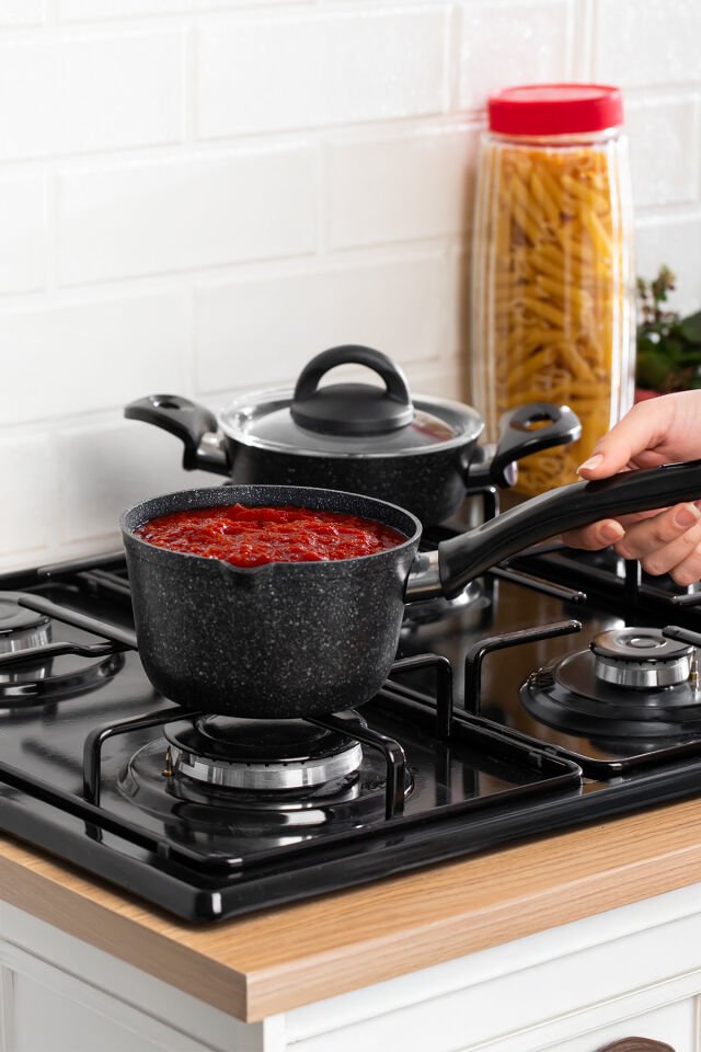 Porsima 4398 4 Parça Kaçerola Sosluk Sütlük Mini Granit tencere Sahan Seti Siyah 14cm