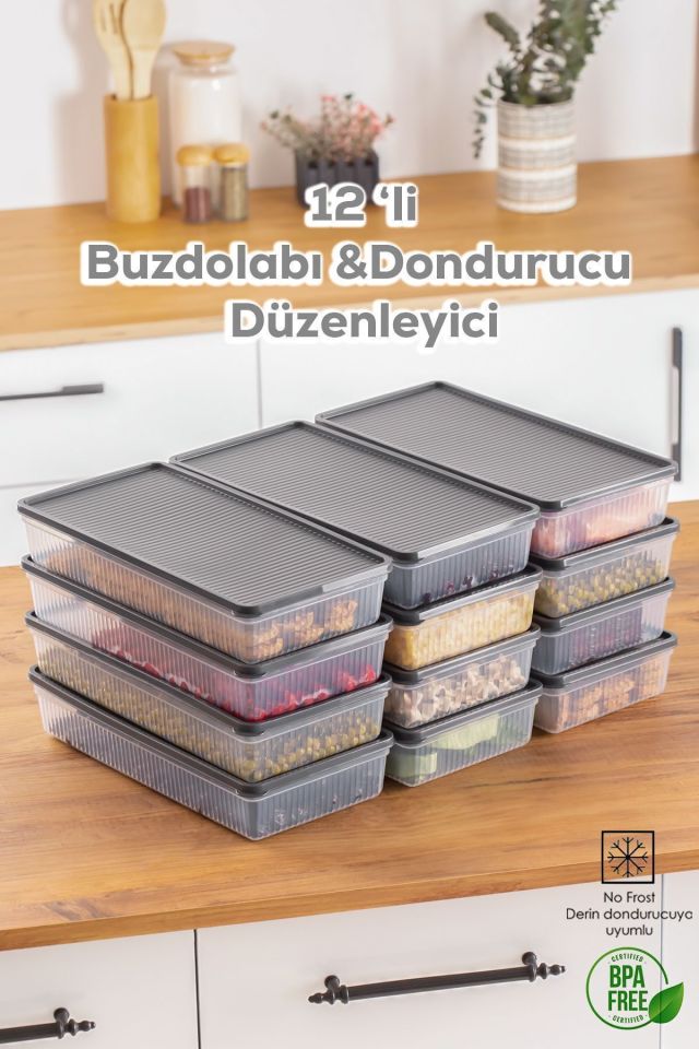 Porsima 1101 12 Li Buzdolabı Organizer Mikrodalga Ve Derin Dondurucuya Uygun Buzluk Saklama Kabı - Antrasit
