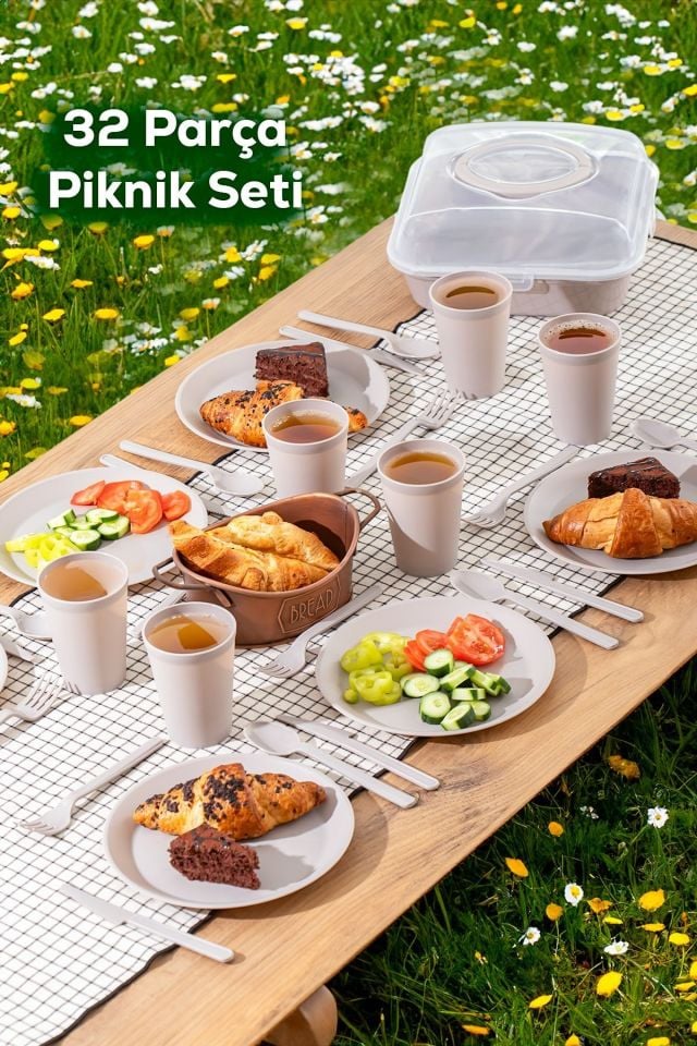 Porsima 0039 Karizma 6 Kişilik Piknik Seti - Çantalı Piknik Seti-32 Parça Piknik Organizer-Cappuccino
