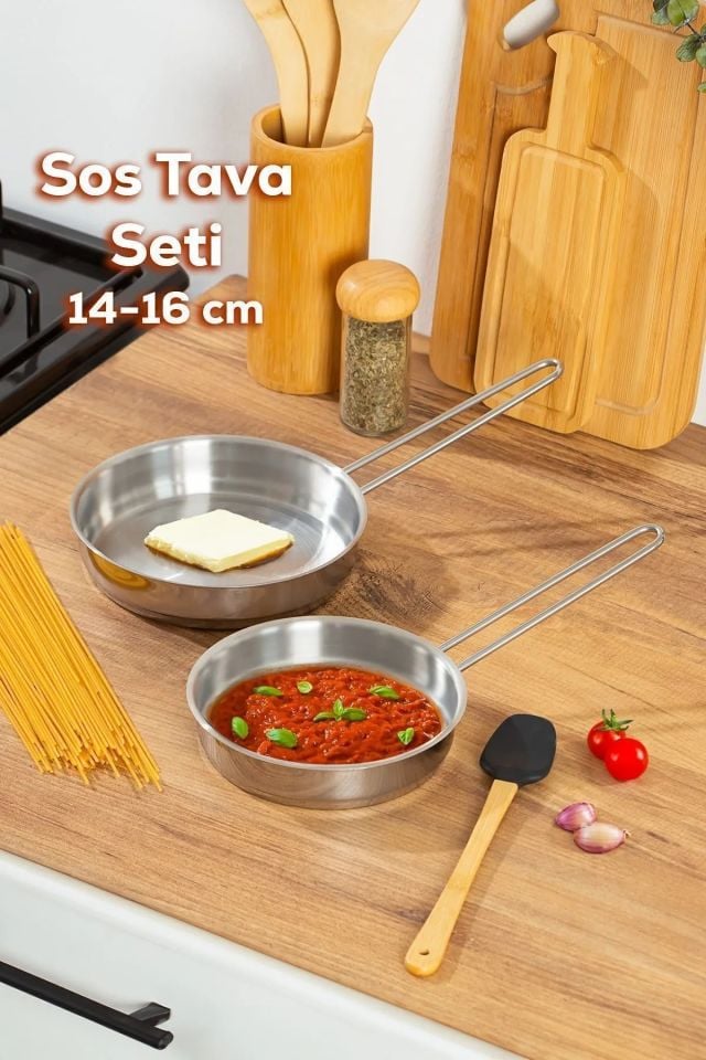 Porsima Paslanmaz Çelik Sos Tava Seti - Sığ Sos Tavası 14-16 Cm
