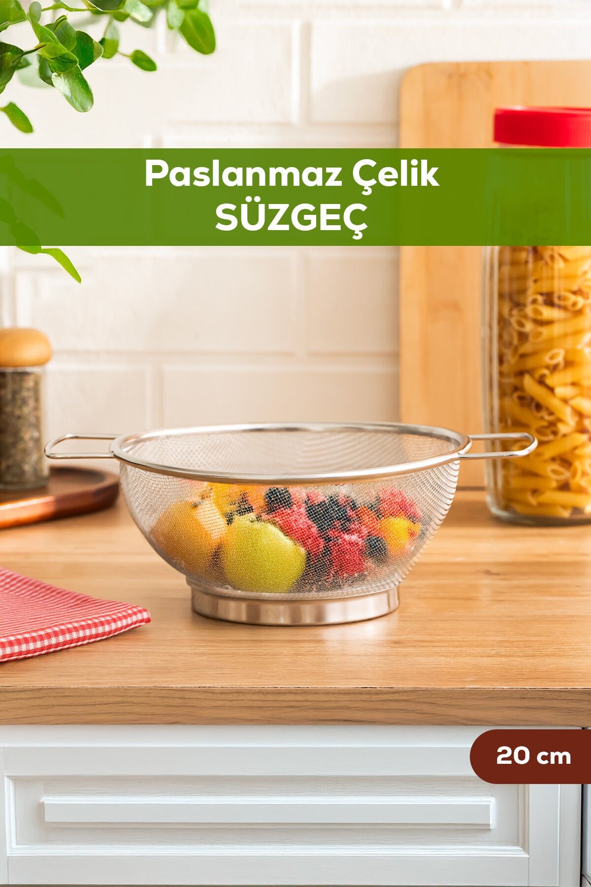 Porsima İvory Kulplu Paslanmaz Çelik Süzgeç Makarna Süzgeci Meyve ve Sebze Yıkama Aparatı Kevgir 20cm