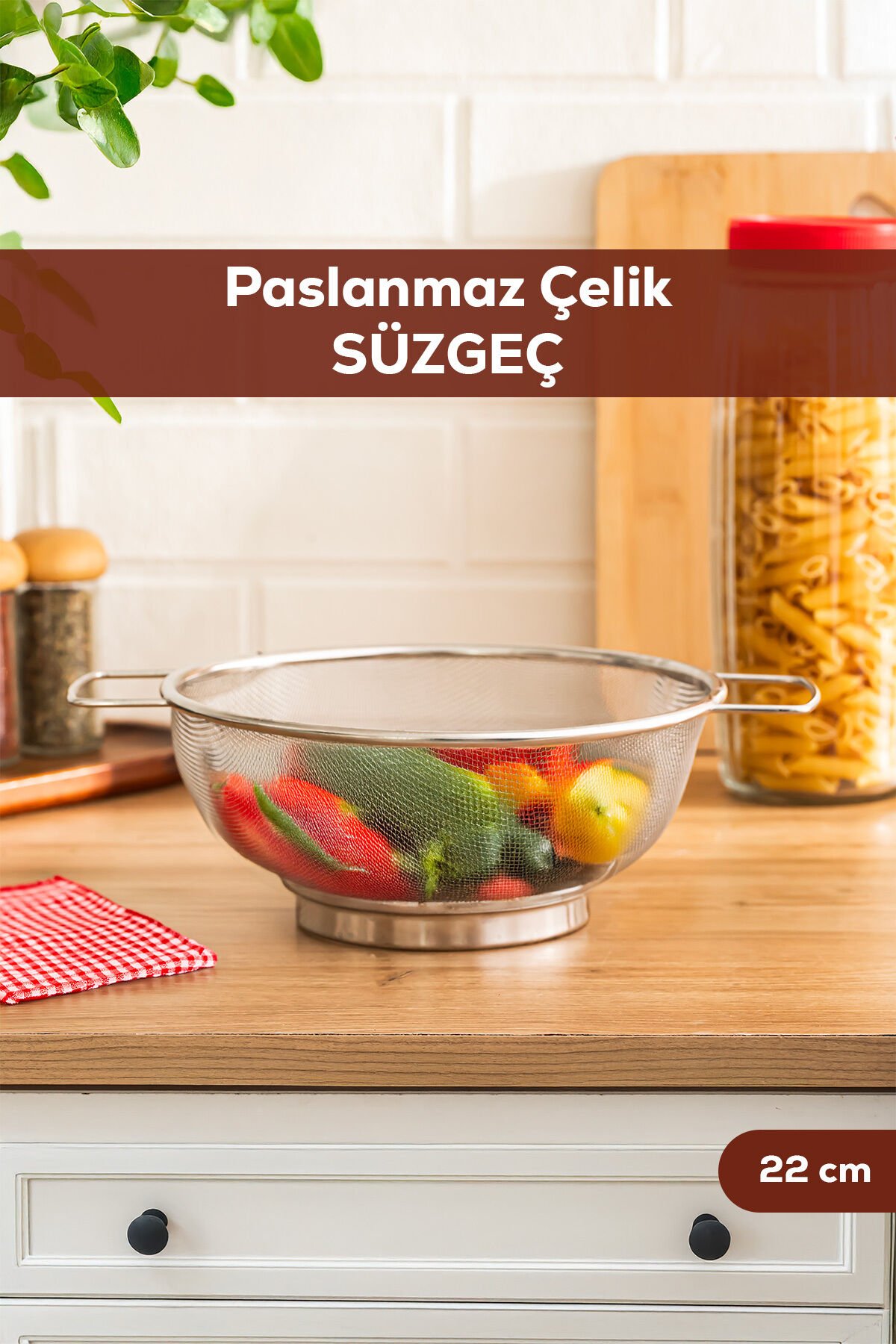 Porsima İvory Kulplu Paslanmaz Çelik Süzgeç Mutfak Eleği Meyve ve Sebze Yıkama Aparatı Kevgir 22cm