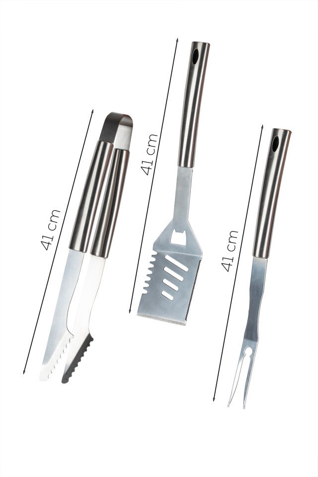 Porsima KJ-1007 3 Parça Paslanmaz Çelik Maşa-Spatula-Çatal Barbekü Seti
