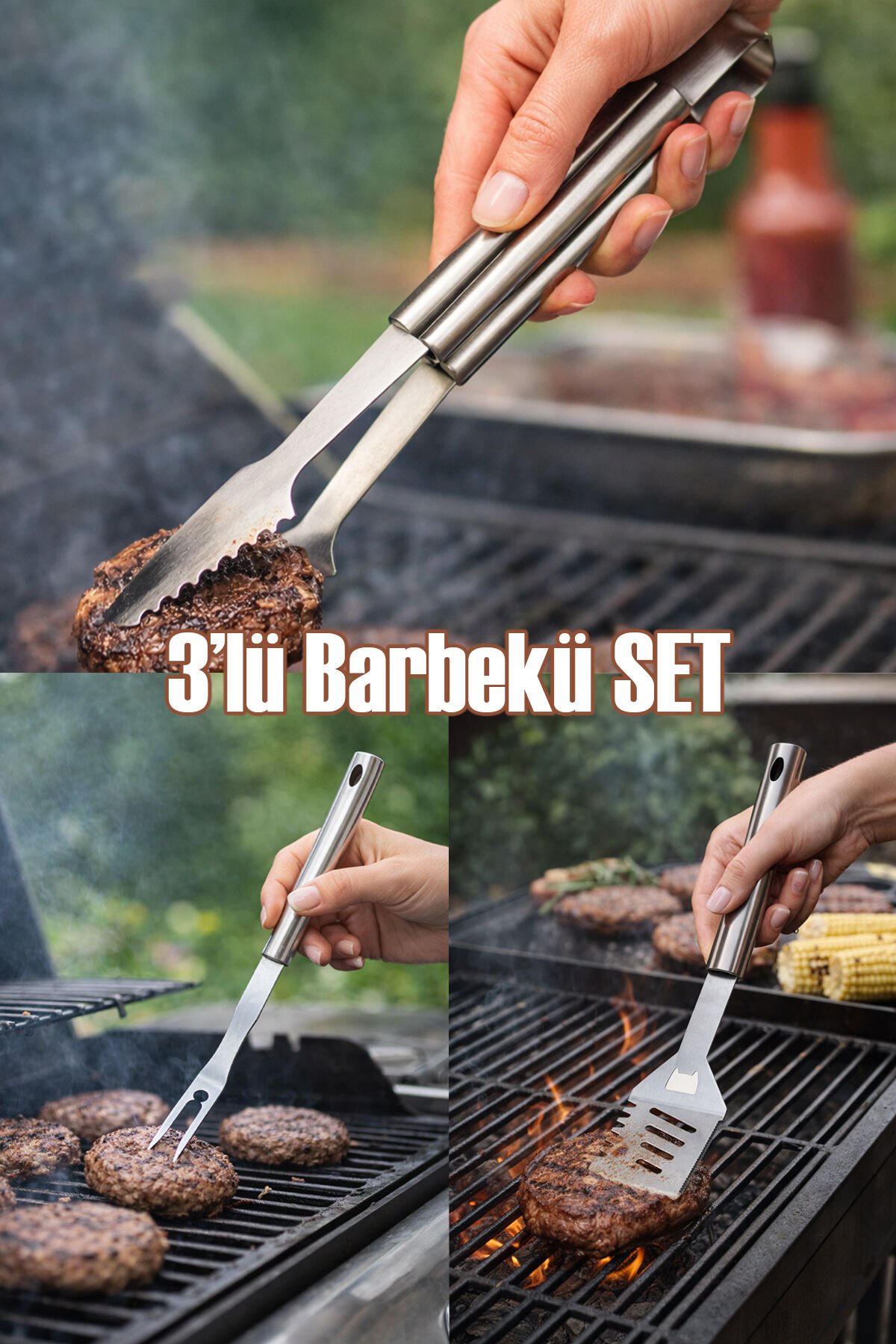 Porsima KJ-1007 3 Parça Paslanmaz Çelik Maşa-Spatula-Çatal Barbekü Seti