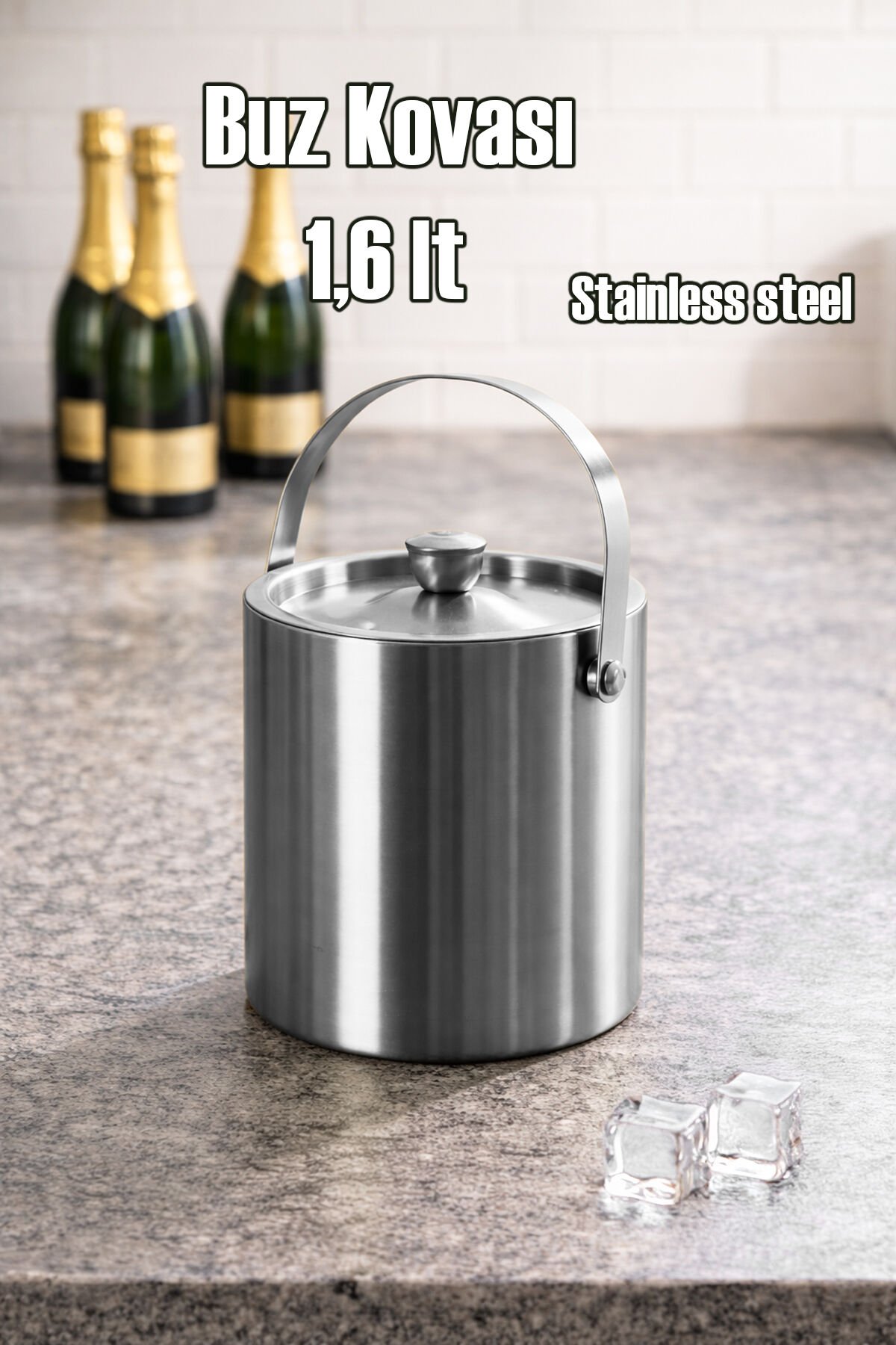 Porsima LF-1,6 Termoslu Çift Cidarlı iki katmanlı Paslanmaz Çelik 1,6lt Buz Kovası Kapaklı Buzluk Gümüş