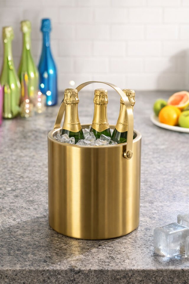 Porsima LFS-1,6 Termoslu Çift Cidarlı iki katmanlı Paslanmaz Çelik 1,6lt Buz Kovası Kapaklı Buzluk Gold