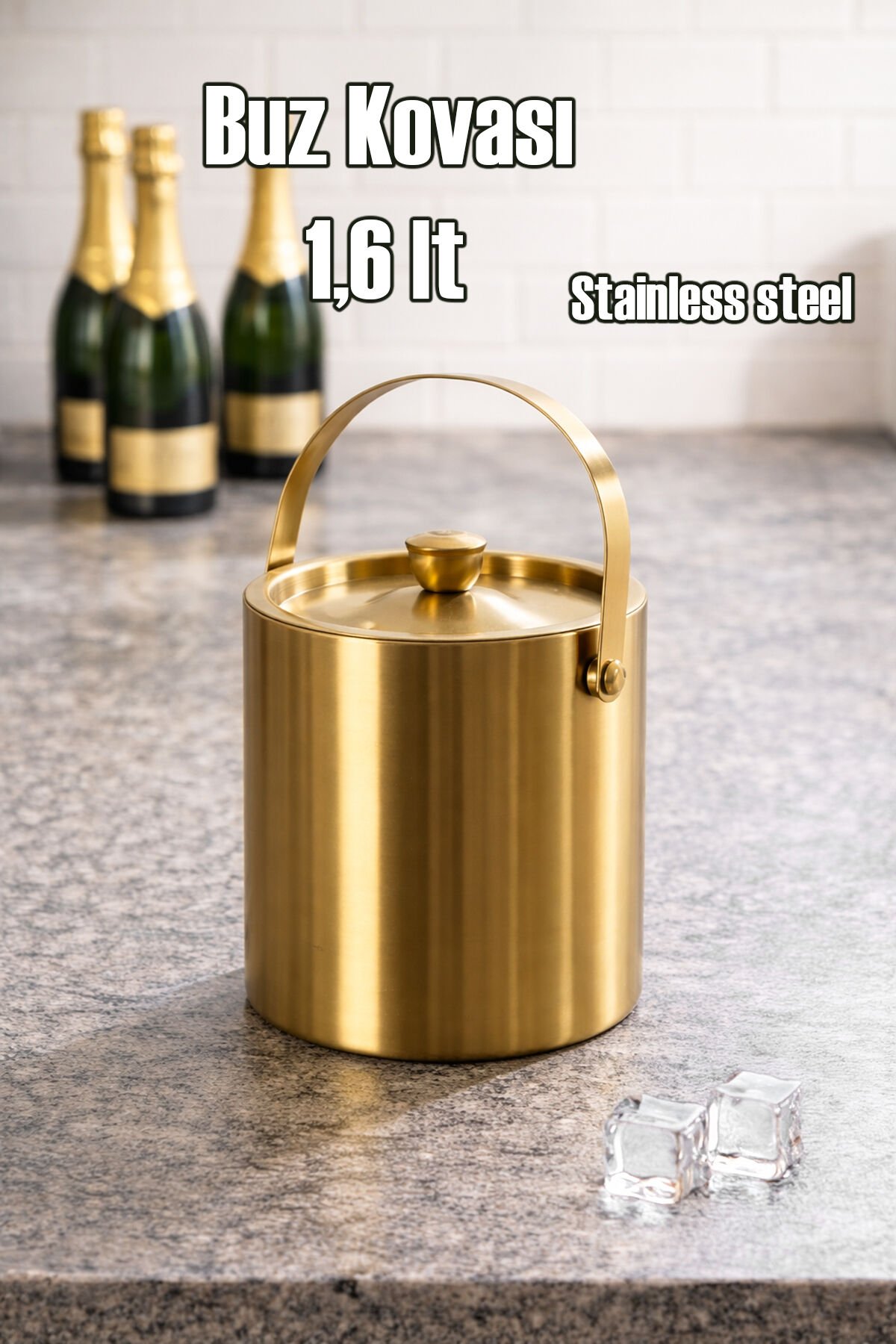 Porsima LFS-1,6 Termoslu Çift Cidarlı iki katmanlı Paslanmaz Çelik 1,6lt Buz Kovası Kapaklı Buzluk Gold