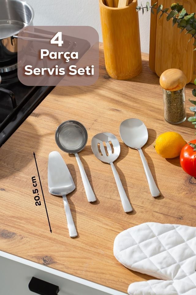 Porsima Sidney 4 Parça Paslanmaz Çelik Mini Sos Servis Seti - Kürek Kepçe Kaşık Kevgir