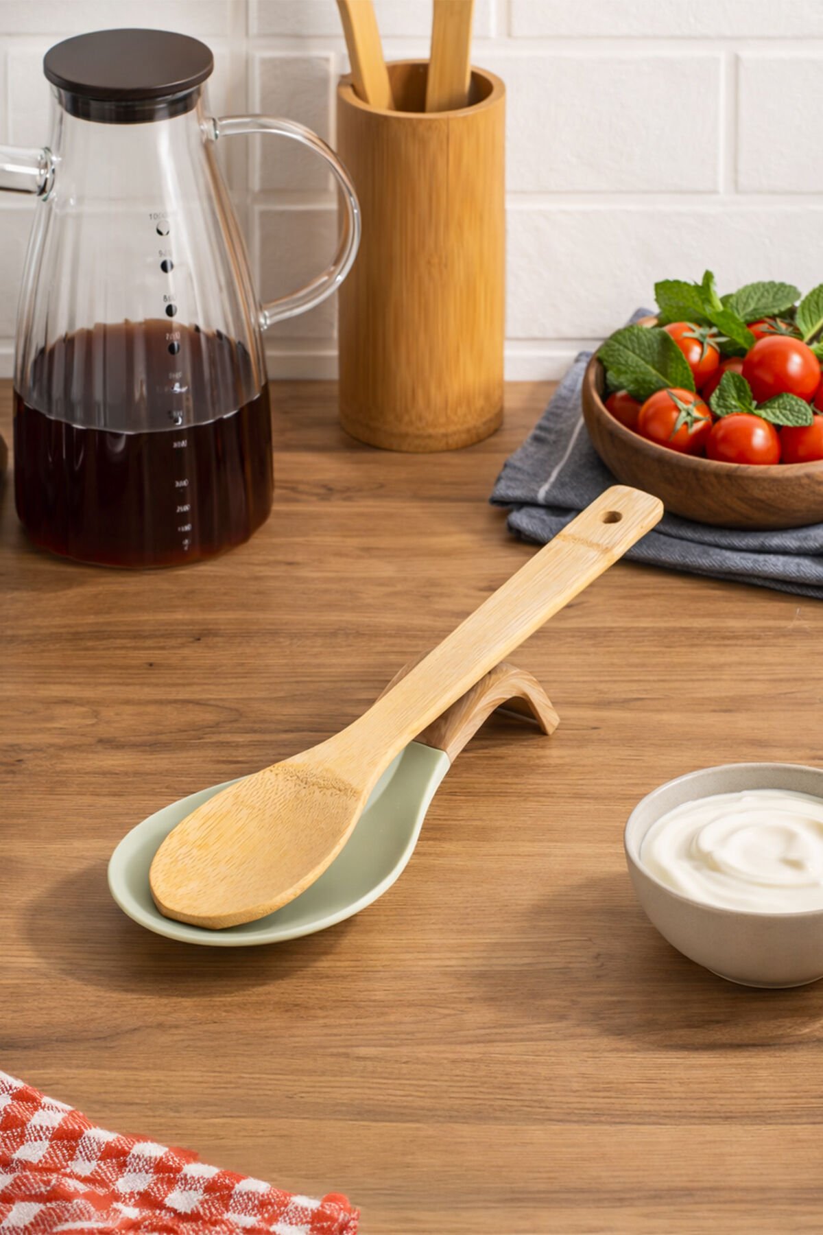 Porsima PBT-718 Bambu Saplı Silikon Kirli Kepçe Kaşıklık Altlığı Kepçe Ve Kaşık Nihalesi Yeşil