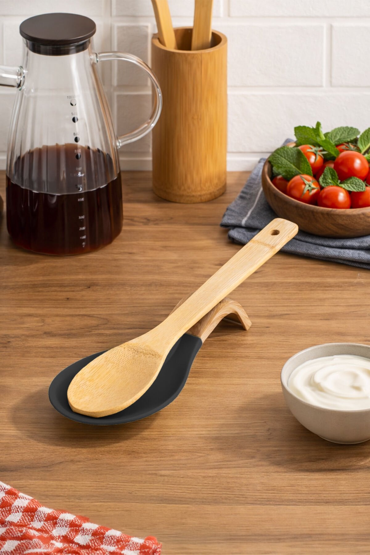 Porsima PBT-718-1 Bambu Saplı Silikon Kirli Kepçe Kaşıklık Altlığı Kepçe Ve Kaşık Nihalesi Antrasit