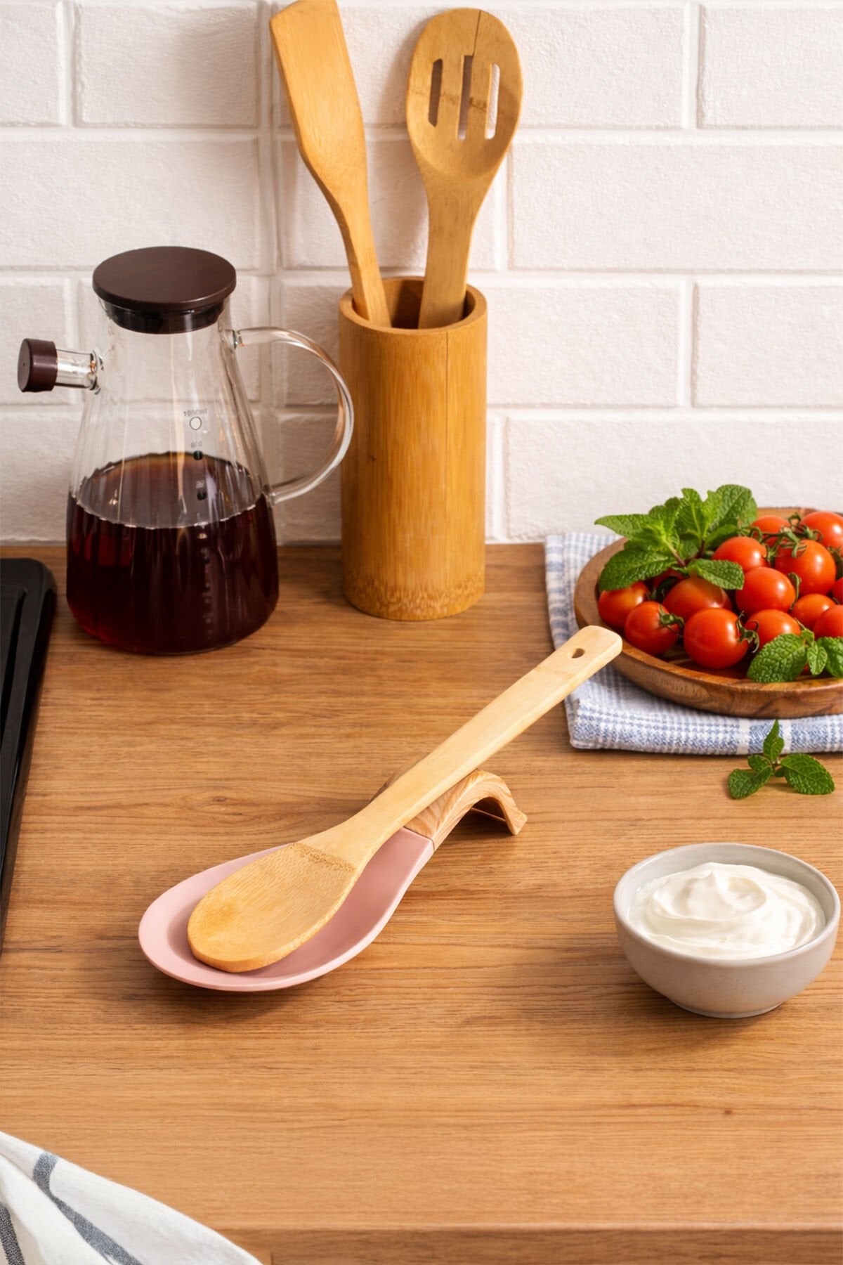 Porsima PBT-718-2 Bambu Saplı Silikon Kirli Kepçe Kaşıklık Altlığı Kepçe Ve Kaşık Nihalesi Pembe