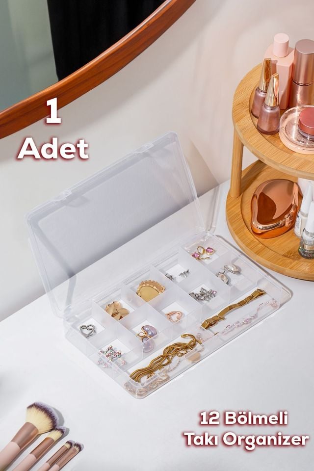 Porsima ORG-601 Aria 12 Bölmeli Kendinden Kapaklı Takı Toka Organizeri Düzenleyici - Şeffaf