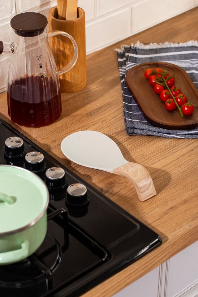 Porsima PBT-718-4 Bambu Saplı Silikon Kirli Kepçe Kaşıklık Altlığı Kepçe Ve Kaşık Nihalesi Krem