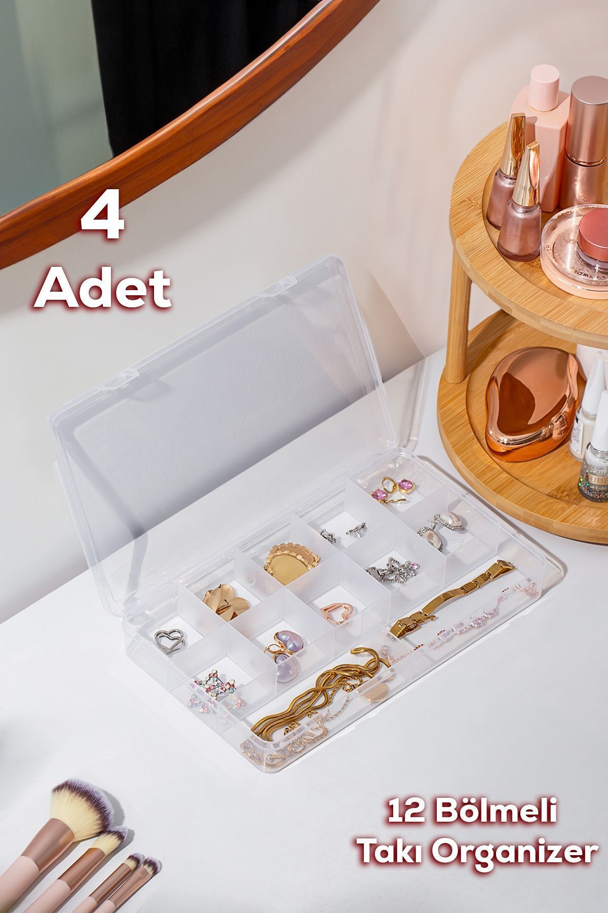 Porsima 4 lü ORG-601 Aria 12 Bölmeli Kendinden Kapaklı Takı Toka Organizeri Düzenleyici - Şeffaf
