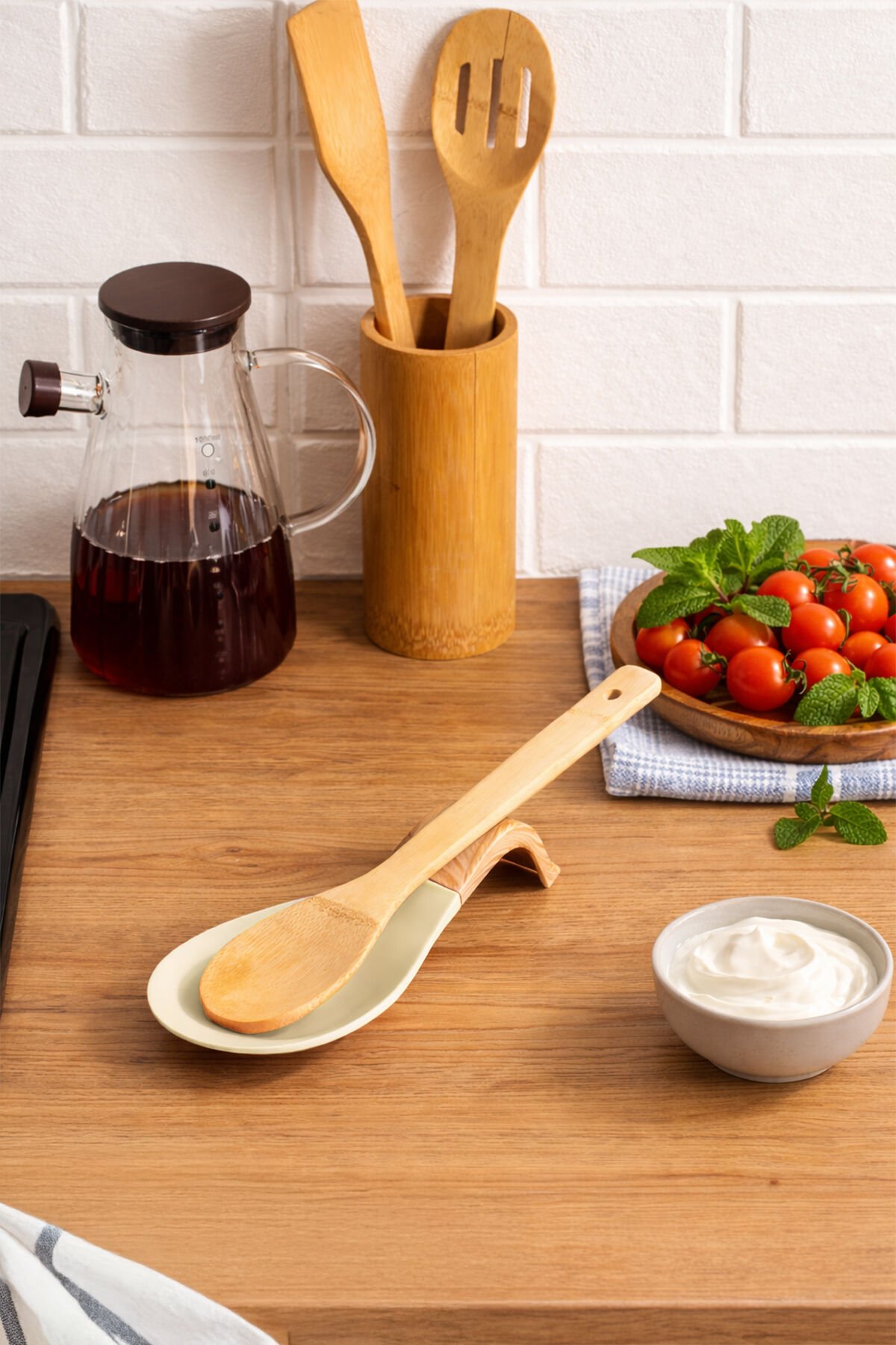 Porsima PBT-718-4 Bambu Saplı Silikon Kirli Kepçe Kaşıklık Altlığı Kepçe Ve Kaşık Nihalesi Krem