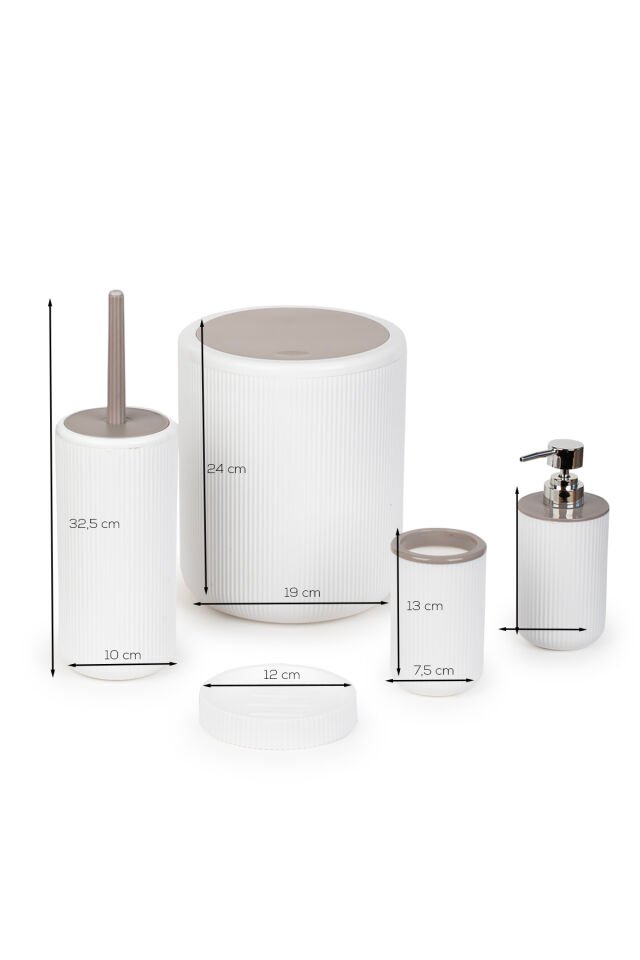 Perotti 33031500001-2 5 Parça Yuvarlak Banyo Seti - Çöp Kovası, Sabunluk, Diş Fırçalığı Ve Silikon Wc Fırçası Beyaz Taupe Beyaz - Gri