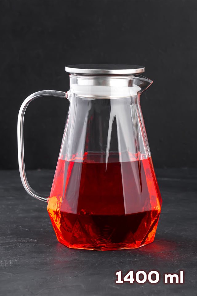 Porsima 200-103 Borosilikat Cam Sürahi Metal Kapaklı Cam Karaf - Detoks Sürahi 1400 ML