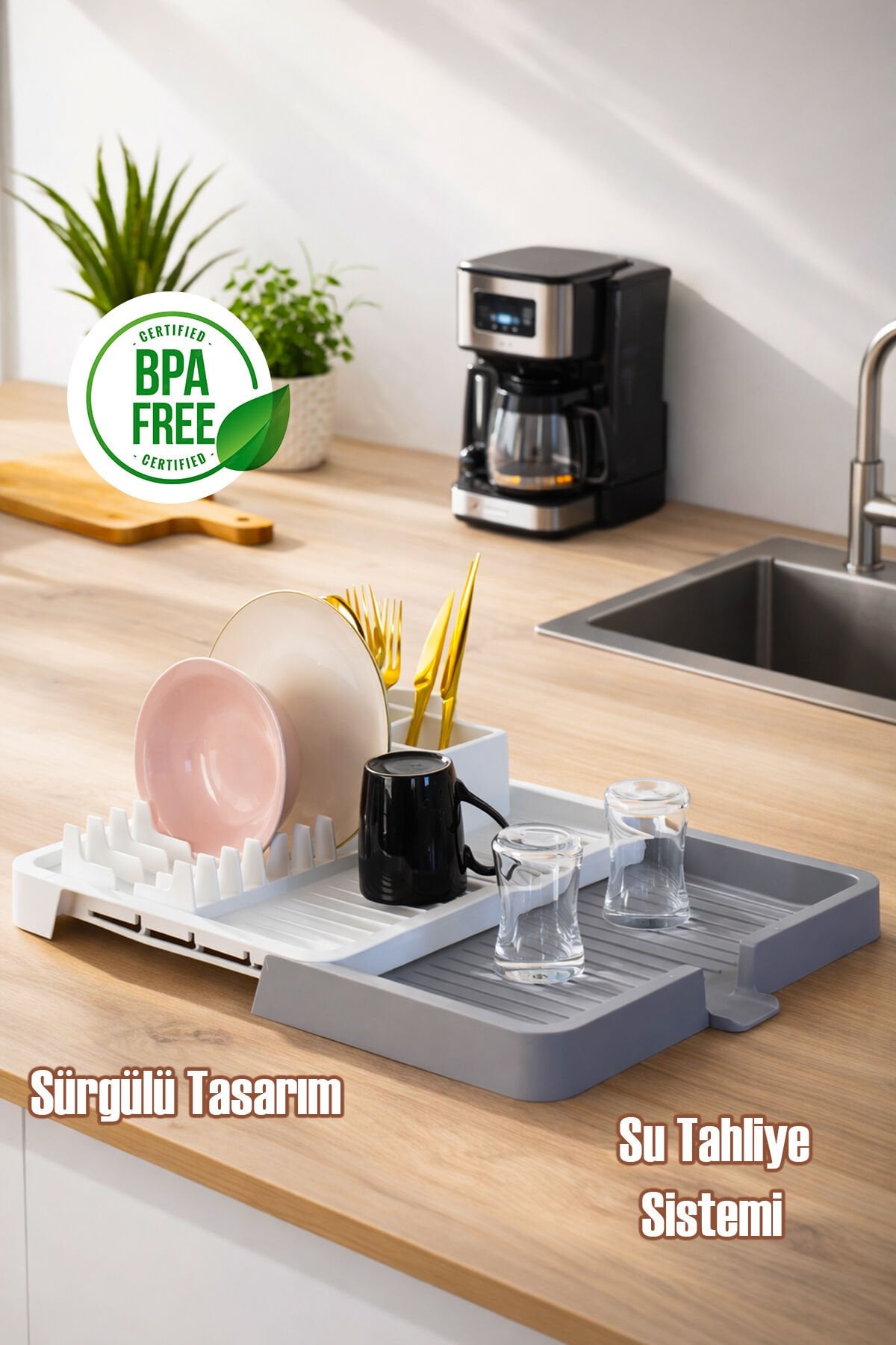 Porsima 5328 Sürgülü Açılır Kapanır Tabaklık Bulaşık Tepsisi Kurutmalık Su Akıtma Kanallı Bulaşıklık Sepeti