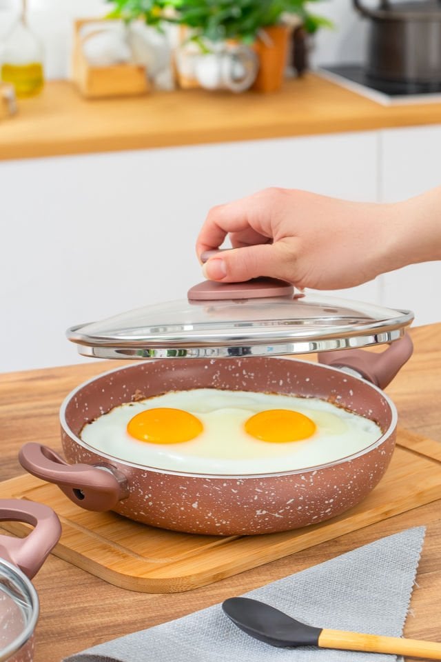Esra 3 lü Granit Sahan Seti - 6 Parça Cam Kapaklı Çift Kulplu Omlet Sahan Takımı - Rose