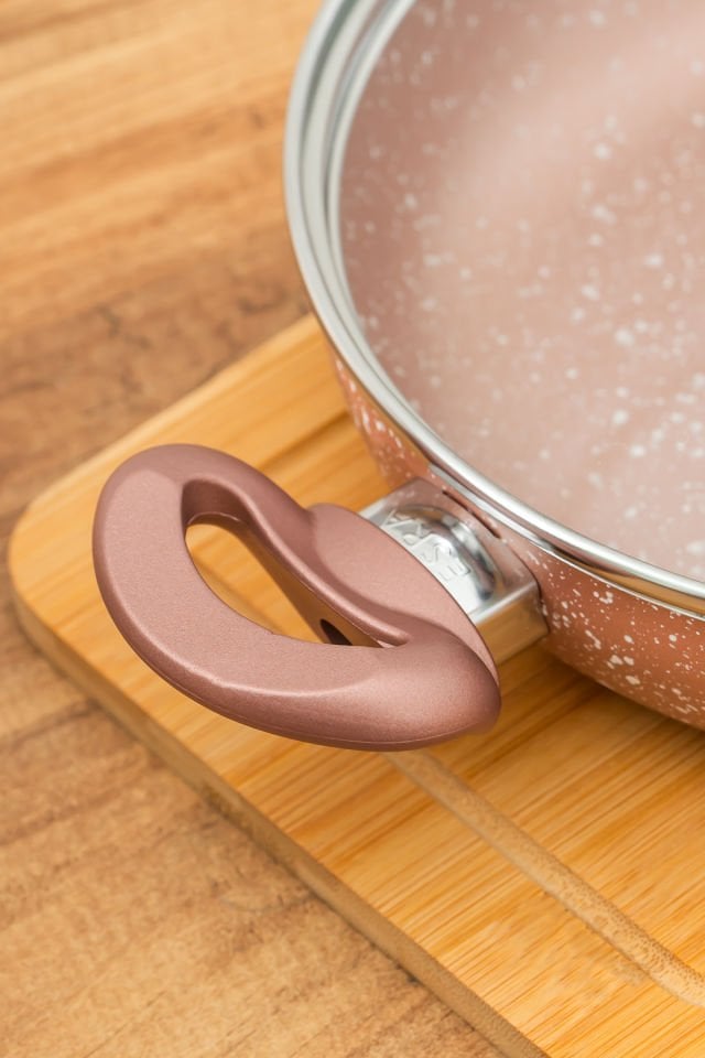 Esra 3 lü Granit Sahan Seti - 6 Parça Cam Kapaklı Çift Kulplu Omlet Sahan Takımı - Rose