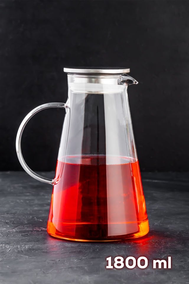 Porsima 20-0098 Borosilikat Cam Sürahi Metal Kapaklı Cam Karaf - Detoks Sürahi 1800 ML