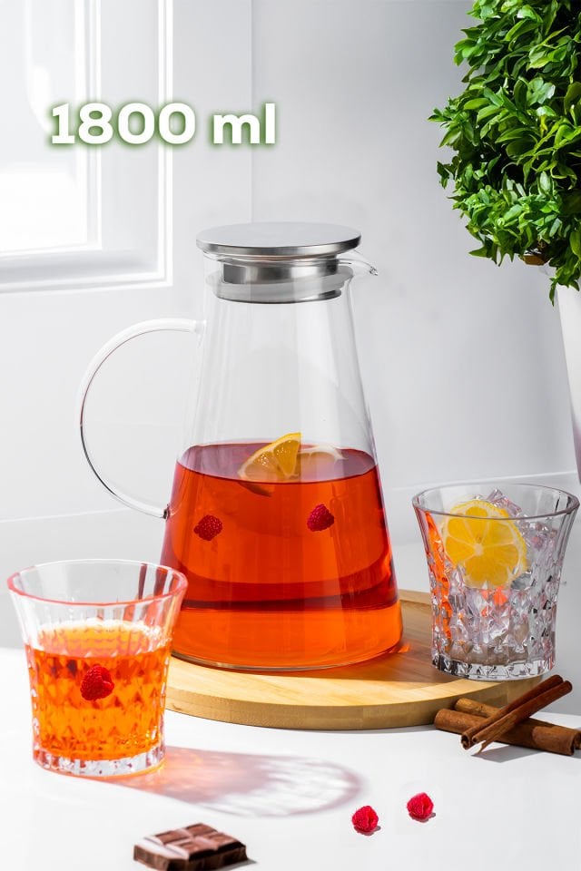 Porsima 20-0098 Borosilikat Cam Sürahi Metal Kapaklı Cam Karaf - Detoks Sürahi 1800 ML