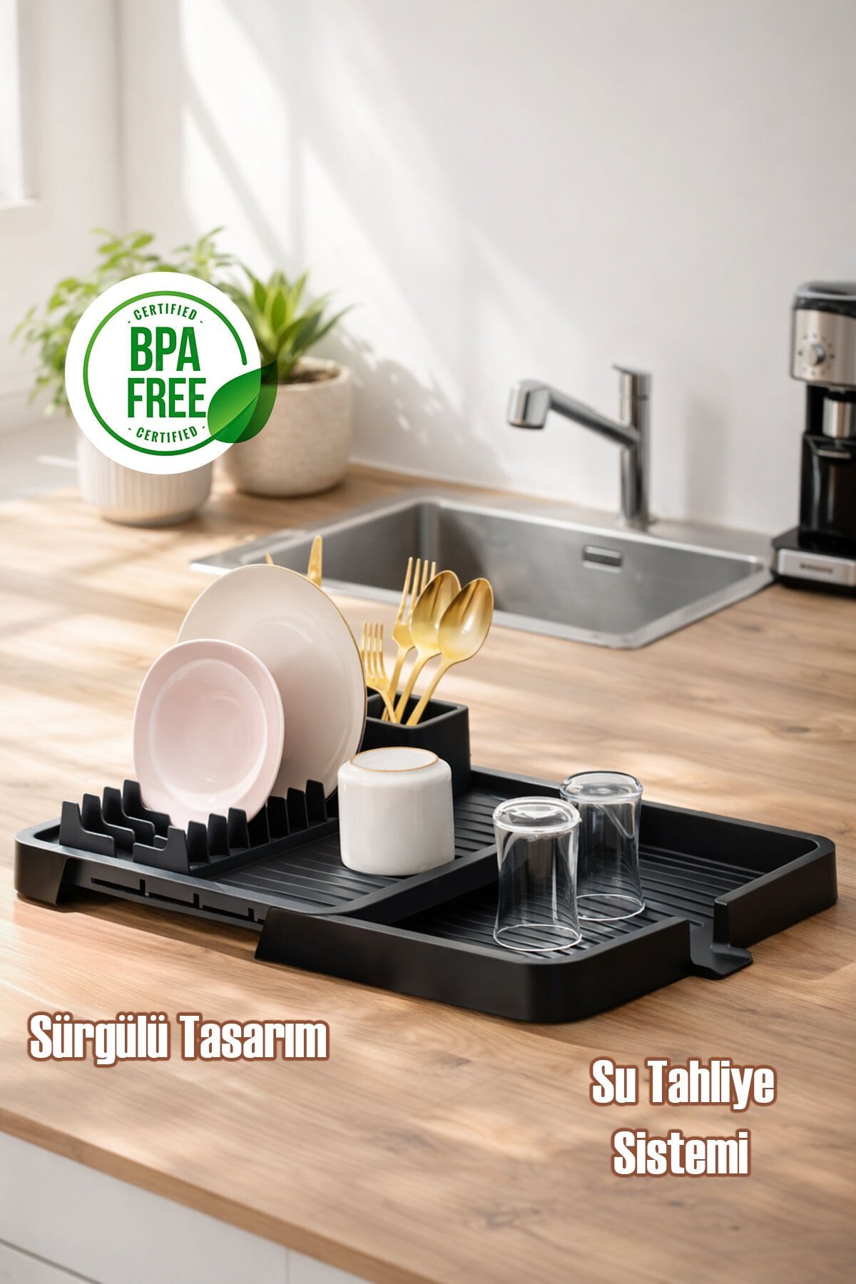 Porsima 5327 Sürgülü Açılır Kapanır Tabaklık Bulaşık Tepsisi Kurutmalık Su Akıtma Kanallı Bulaşıklık Sepeti