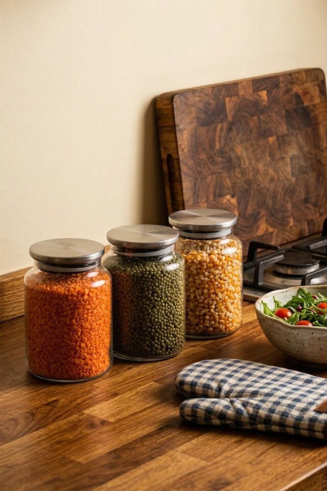 Porsima 4402 Bormio Metal Kapaklı 4lü Cam Kavanoz Seti Vakum Kapaklı Saklama Düzenleme Kabı Seti 900ml