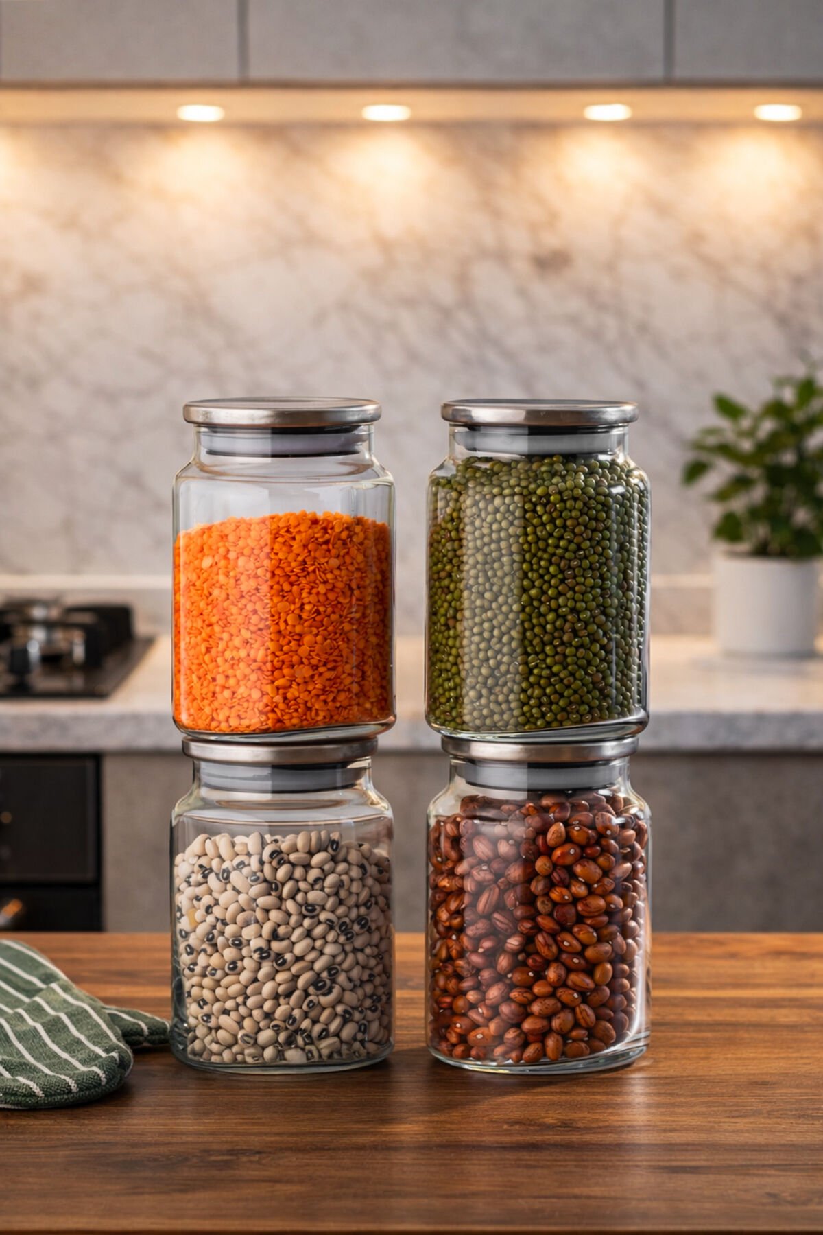 Porsima 4402 Bormio Metal Kapaklı 4lü Cam Kavanoz Seti Vakum Kapaklı Saklama Düzenleme Kabı Seti 900ml