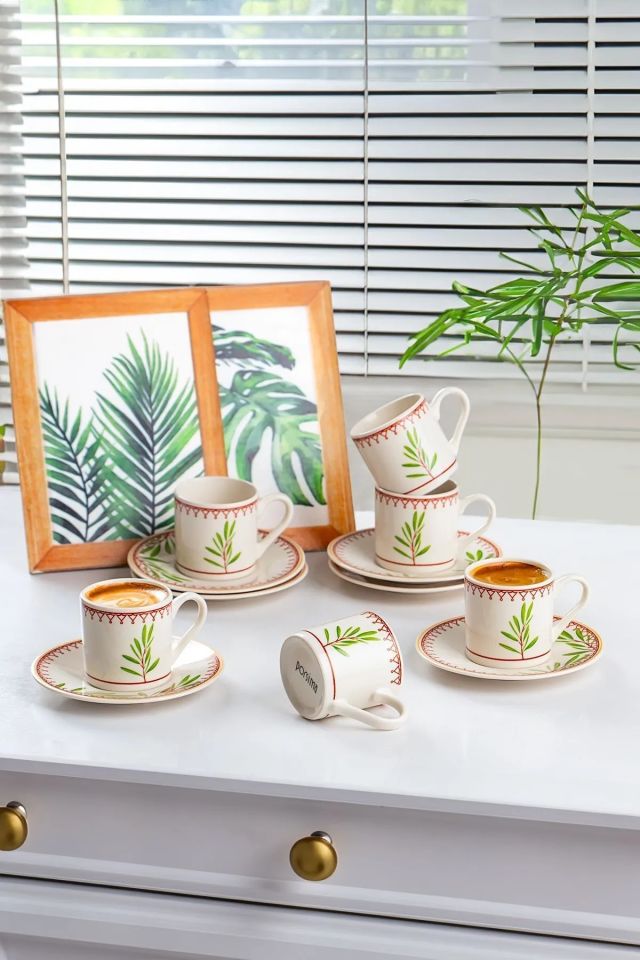 Porsima TE-208 Flores  Porselen  Fincan Takımı-Desenli Türk Kahve   Fincan  Takımı-6 Kişilik 90 cc