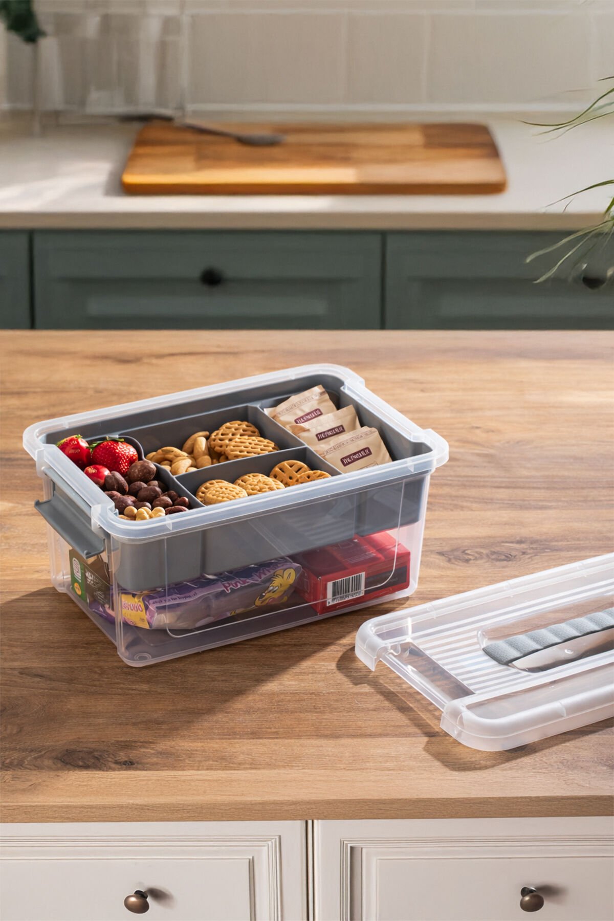 Porsima 1310 5 bölmeli Çok Amaçlı Organizer Kapaklı Saklama Kabı Kapaklı Kahvaltılık Seti Gri 5lt