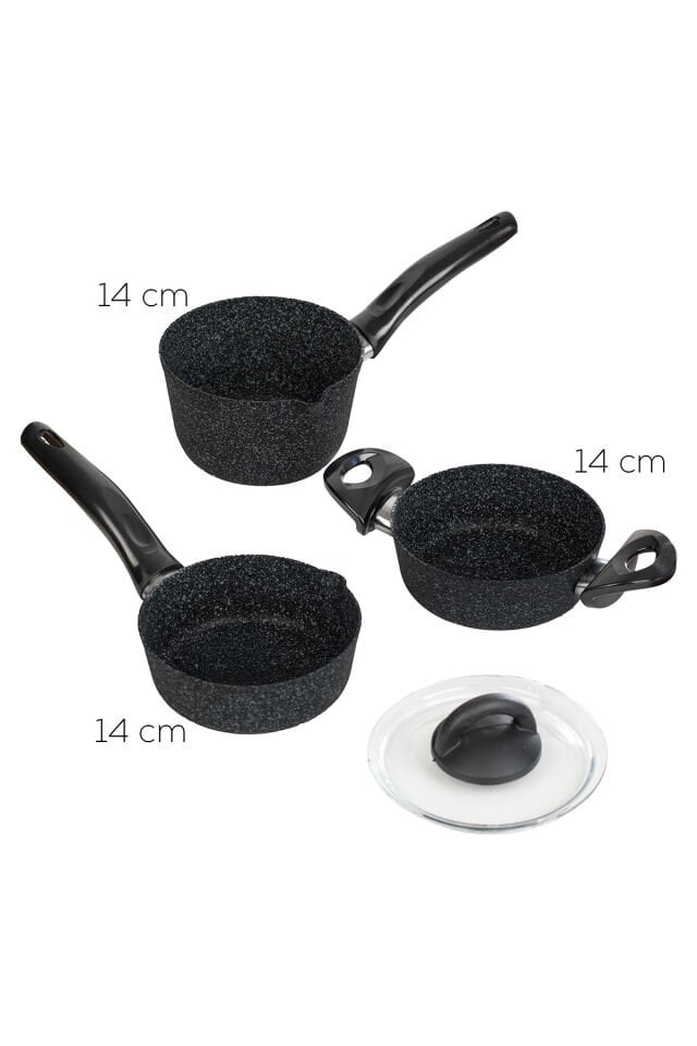 Porsima 4398 4 Parça Kaçerola Sosluk Sütlük Mini Baby Granit Tencere Sahan Seti Siyah 14cm